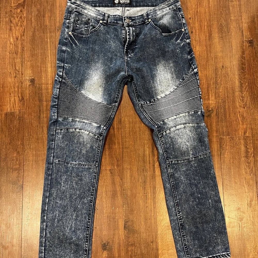 Encrypted Supply Company Distress Tapered Blue Jeans Mens 36x30 Savage